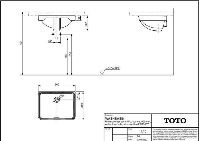 Produktbild TOTO WU Unterbauwaschtisch 50cm o Hahnloch mit Überlauf eckig weiss (380 mm, 500 mm)