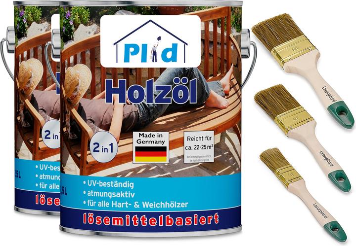 Actual product image Plid Wood oil 5L for approx. 50m² + brush set 3 pcs / wood care oil garden furniture (Colorless, 5 l)