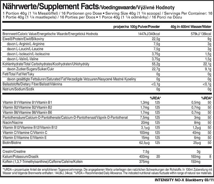 Valeurs nutritives et ingrédients All Stars Intensité NO-X (BlackBerry, 1 pcs, 640 g)