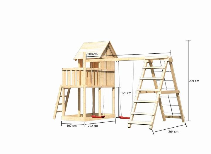 Akubi Karibu Maison de jeu pour enfants Frieda épicéa incl. extension balançoire double