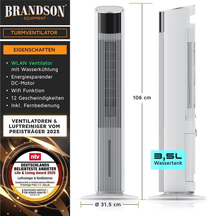 Actual product image Brandson Mobiler Luftkühler mit Wasserkühlung, Klimagerät, 60W, WIFI, Turmventilator, Verdunstungskühler