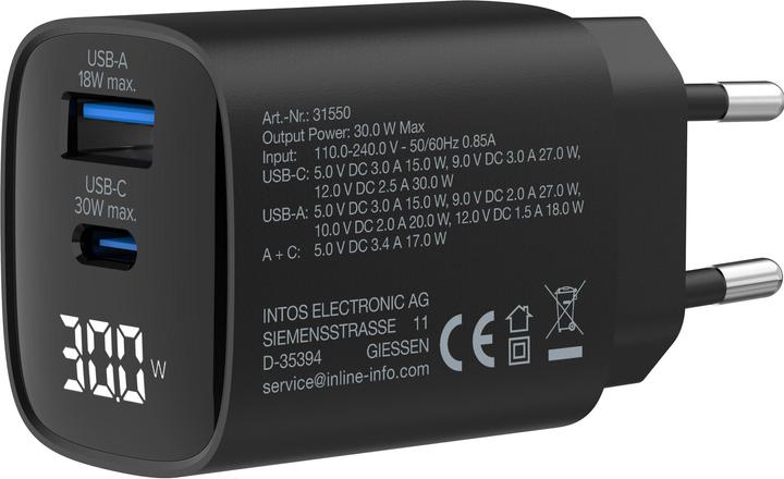 Produktbild InLine USB PD Netzteil, GaN Ladegerät, 2-Port, USB-C + USB-A, 30W, mit Display, schwarz (30 W)
