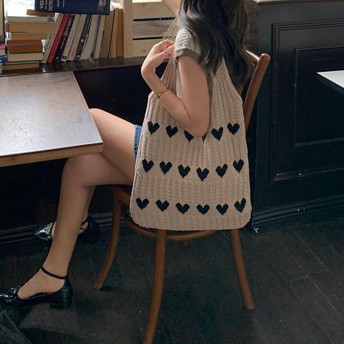 Image du produit Only-Bags.Store Sac hobo minimaliste avec motif d'amour, sac à provisions tricoté, sac de vacances léger