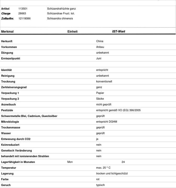 Nährwerte und Zutaten Zimmerli Adaptogene Schisandra Beeren (100 g)