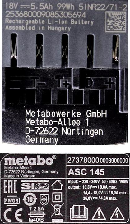 Produktbild Metabo Akku Basis Set 18V mit 1x Akku LiHD 5,5Ah ( 625368000 ) + Ladegerät ASC 145 ( 627378000 ) (18 V)