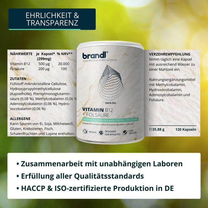 Nährwerte und Zutaten Brandl-Nutrition Vitamin B12 Folsäure (1 Stück, Kapseln, 45 g)