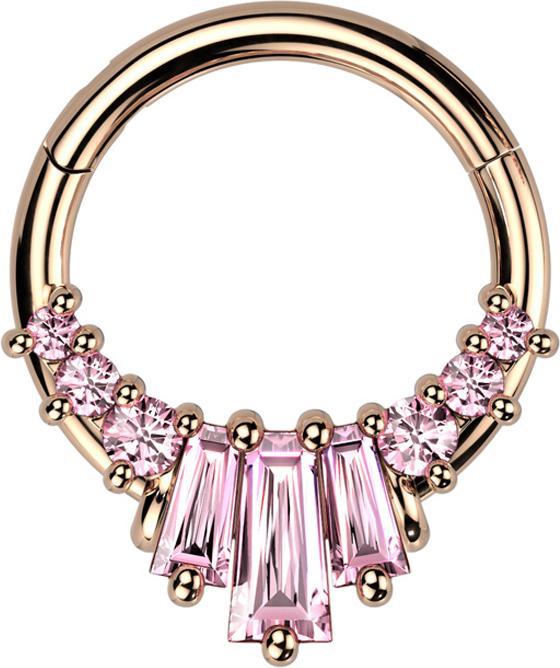 Star Piercing Micro Segmentring klappbar rosegold sechs runde und drei Baquette Kristalle pink (Chirurgenstahl 316L, Messing)