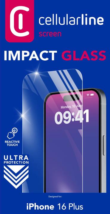 Actual product image Cellularline Impact Glass - iPhone 16 Plus Thin, tough and super-sensitive tempered glass, Transparent (1 Piece, Apple iPhone 16 Plus)