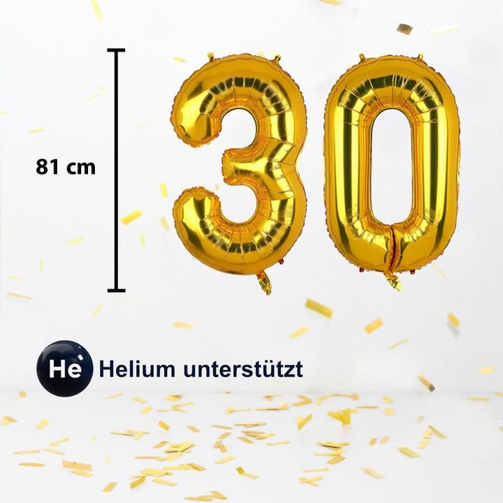 Produktbild Hermex Zahlenballon Zahl 30 Folienballon Geburtstagsparty Ballon Golden 81cm