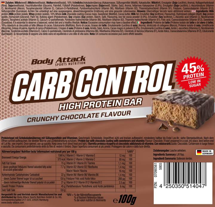 Immagine prodotto Body Attack Carb Control (15 barrette da 100 g) (Dado Crema Torrone, 15 pz., 1500 g)