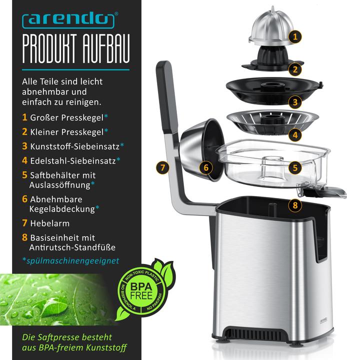 Produktbild Arendo Automatische Edelstahl Zitruspresse, Hebelarm, BPA-frei Orangenpresse Limettenpresse Entsafter 1000W