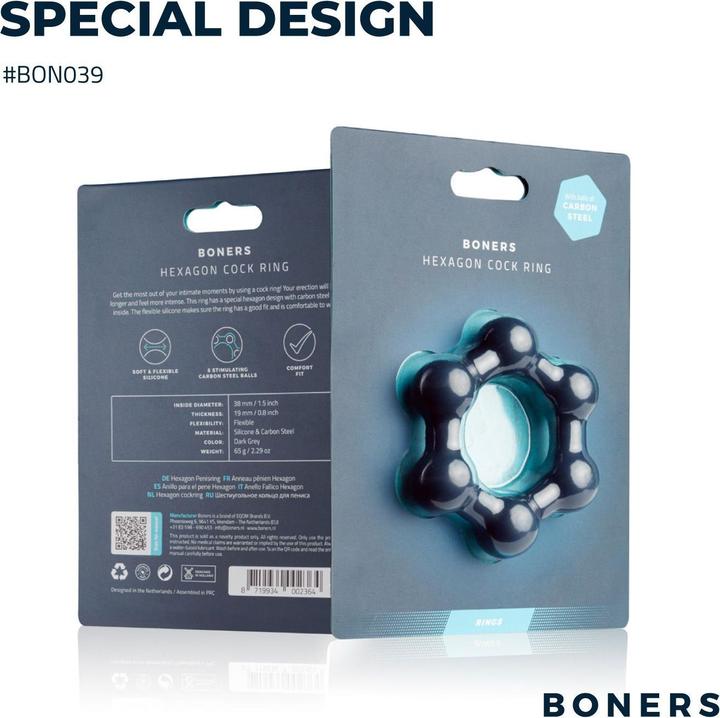 Image du produit Boners Anneau pénien hexagonal avec billes d'acier (3.80 cm)
