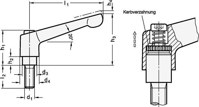 Immagine prodotto Ganter Leva di serraggio regolabile GN 300.1 d1 M 8 mm l1 63 mm l2 50 mm filettatura esterna (63 mm)