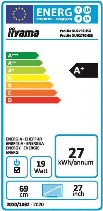 Energie-Label iiyama ProLite XU2792HSU-B1 LED-Bildschirm 68,6 cm (27 Zoll) 1920 x 1080 Pixel Full HD LCD Schwarz (1920 x 1080 Pixel, 27")