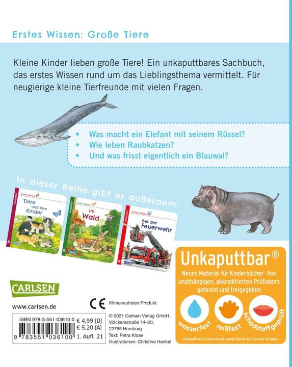 Produktbild Unkaputtbar: Erstes Wissen: Grosse Tiere (Deutsch, Petra Klose, 2021)