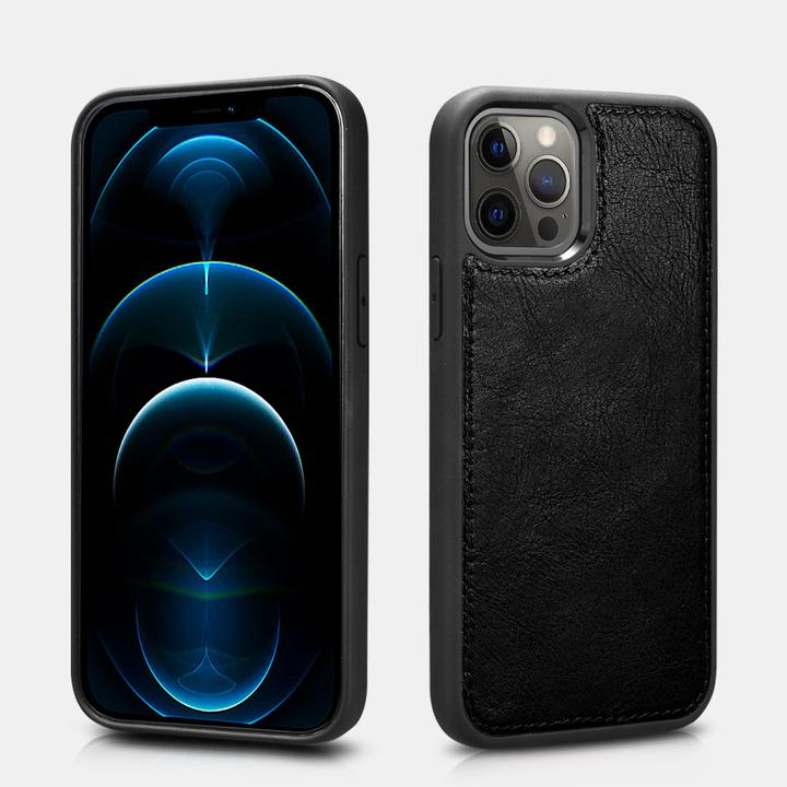 Actual product image iCarer iPhone 12 Pro Max - Crazy Horse genuine leather wallet case, 2in1 with RFID protection, black (Apple iPhone 12 Pro Max)