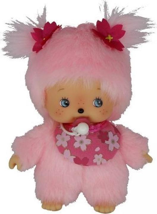 Produktbild Monchhichi Sekiguchi 242443 Original Bebichhichi Mädchen Kirschblüte, aus rosa Plüsch, mit Lätzchen und Zöpfen (16 cm)