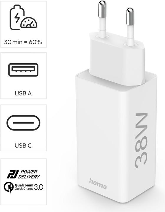 Immagine prodotto Hama Mini caricatore, GaN, USB-C Power Delivery (PD) + USB-A QC3.0, 38W, bianco (38 W)