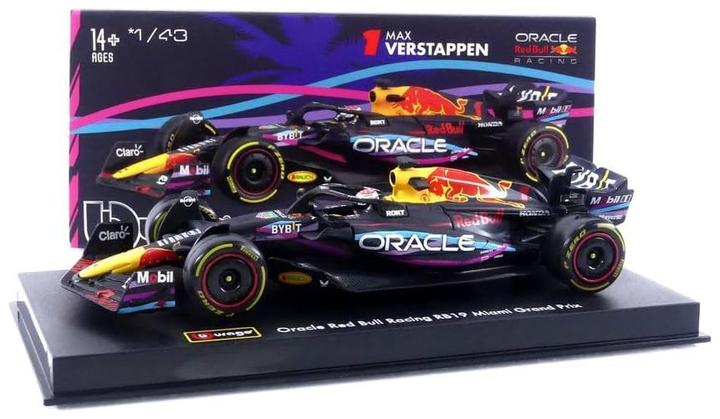 Actual product image Bburago Diecast 1:43 Formula Racing in Acrylic Box Red Bull RB19 Miami GP #Max Verstappen Ages 14+