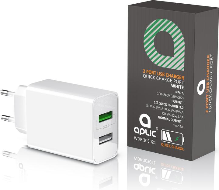 Produktbild Aplic USB Ladegerät 3000 mA, 2 Port, 30W, Quick Charge 3.0 (QC 3.0) Schnelladefunktion, weiss (30 W)