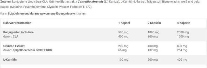 Nährwerte und Zutaten Olimp Sport Nutrition CLA & Green Tea Plus L-Carnitine Sport Edition (60 Caps) (60 Stück, Kapseln)