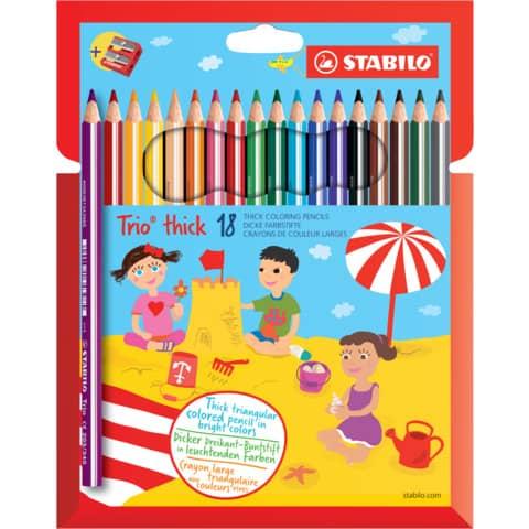 Productafbeelding STABILO Trio dik driehoekig krijt met puntenslijper (Veelkleurig, 18 x)