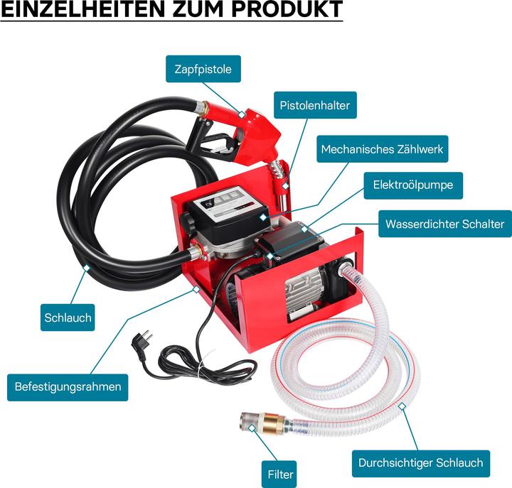 Produktbild Wiltec Heizöl- und Dieselpumpe 230V/750W 80l/min selbstansaugend Pumpe Pistole