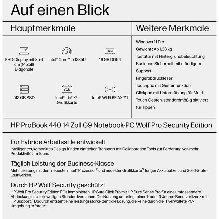 Produktbild HP ProBook 440 G9 (14", Intel Core i5-1235U, 16 GB, 512 GB, DE)