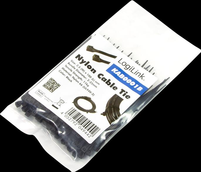 Actual product image LogiLink Cable tie 100 pieces, length: 100 mm, thickness: 2,5 mm, black (Plastic cable ties, 100 mm, 100 pcs.)