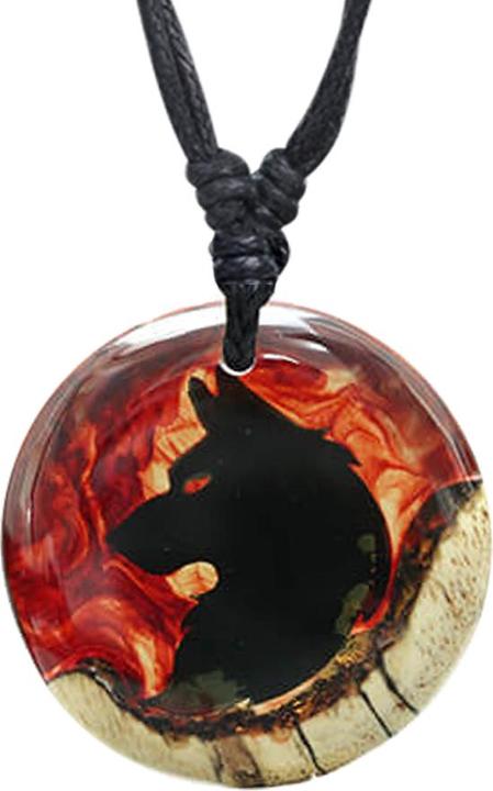 Actual product image Star Piercing Halskette schwarz Anhänger Wolf in Flammen Epoxy rot aus Tamarind Holz (Organic, without brass)