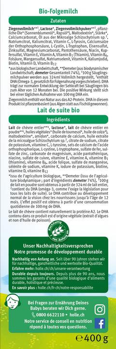 Valeurs nutritives et ingrédients Holle Lait de suite bio 2 (460 g, à partir de 7 m.)