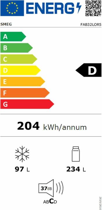 Energie-Label Smeg FAB32LOR5 50's Style, 2-türig, 60 cm, Links, No Frost, orange (331 l)