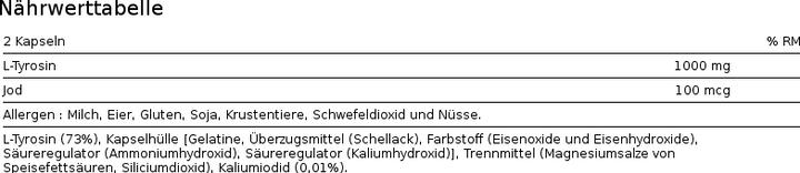 Valori nutrizionali e ingredienti Biotech USA L-Tirosina (100 Pezzo/i, Pillole)