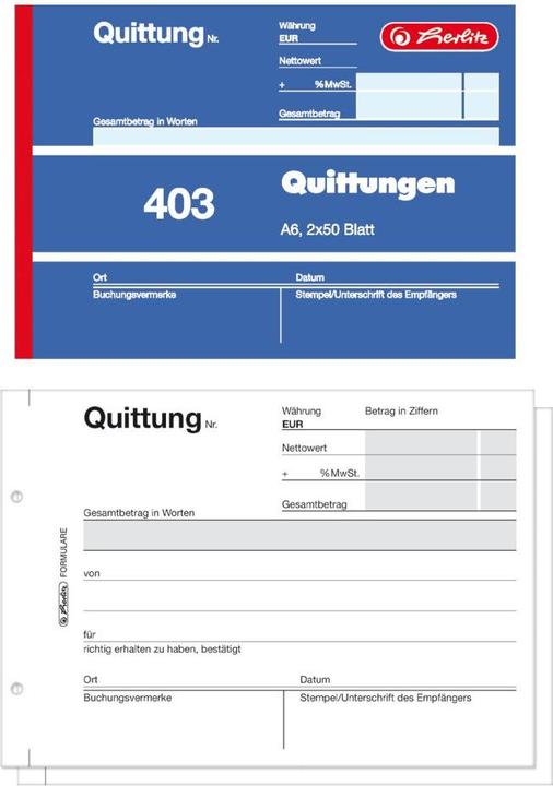 Energie-Label Herlitz Quittungsblock DIN A6 quer nicht selbstdurchschreibend 1 Durchschlag 2x50 Bl. (50 x)