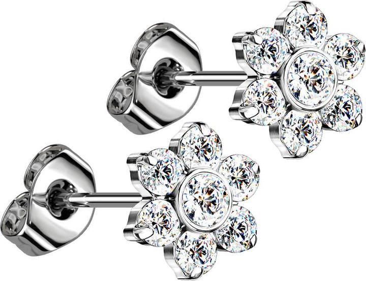 Actual product image Star Piercing Threadless stud earrings silver flower crystals silver (without brass, Titanium G23)