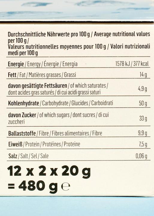 Valeurs nutritives et ingrédients KoRo Biscuit bio à l'avoine fourré à la fraise et enrobé de chocolat noir (480 g)