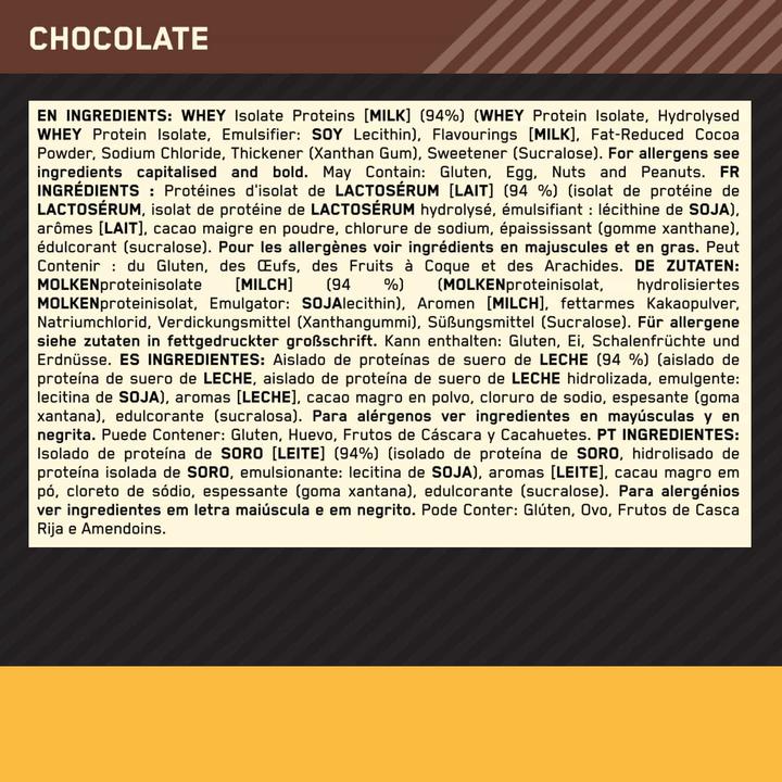 Valeurs nutritives et ingrédients Optimum Nutrition Isolat Gold Standard (Chocolate, 1 pcs, 930 g)