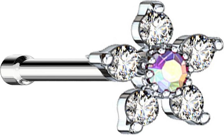 Star Piercing Nasenstecker gerade silber Blume mit Kristall multicolor und silber (Messing, Chirurgenstahl 316L)
