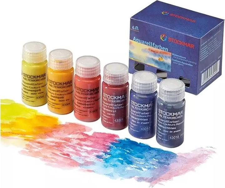 Stockmar Watercolour paints, 6 pieces - basic assortment (02 Vermilion red, 01 Carmine red, 05 Lemon yellow, 18 Prussian blue, 10 Ultramarine blue, 04 Golden yellow, 20 ml)