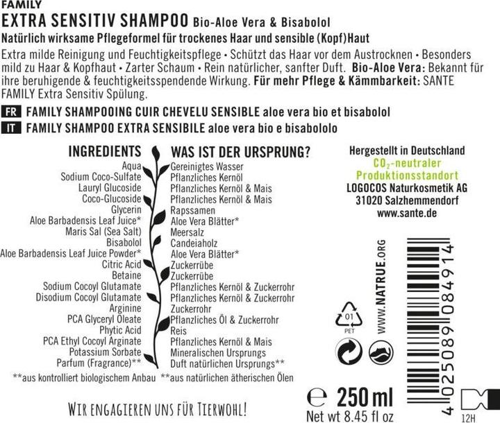 Produktbild Sante Extra Sensitiv Shampoo Bio Aloe Vera & Bisabolol (250 ml, Flüssiges Shampoo)