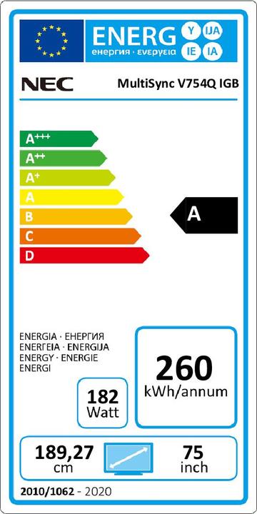 Energy Label NEC V754Q IGB 75IN LFD TOUCH (3840 x 2160 Pixels, 75")