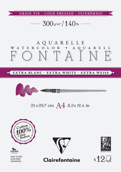 Produktbild Clairefontaine Fontaine, Aquarellpapier extraweiss feinkörnig, Block 2-seitig geleimt, 12 Blatt A4 300g - (12 x)