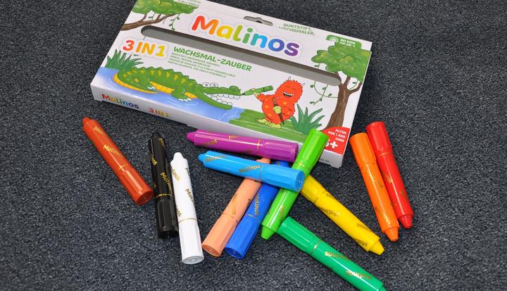 Actual product image Malinos wax crayons 3-in-1 (Black, Brown, Dark Blue, Light blue, Light green, Lilac, White, Red, Green, Yellow, Orange, Rose, 12 x)