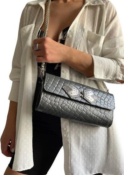 Produktbild Only-Bags.Store Graue Ledertasche, kleine Lederhandtasche, Lederumschlag, aus Vollnarbenleder, Geschenk für sie