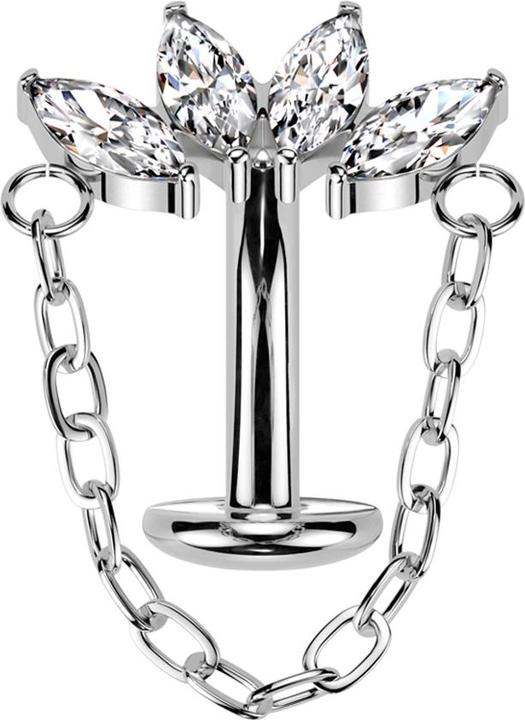 Produktbild Star Piercing Threadless Labret-Stab Banane silber Fächer vier Kristalle silber mit Anhänger Kette (Titan G23)