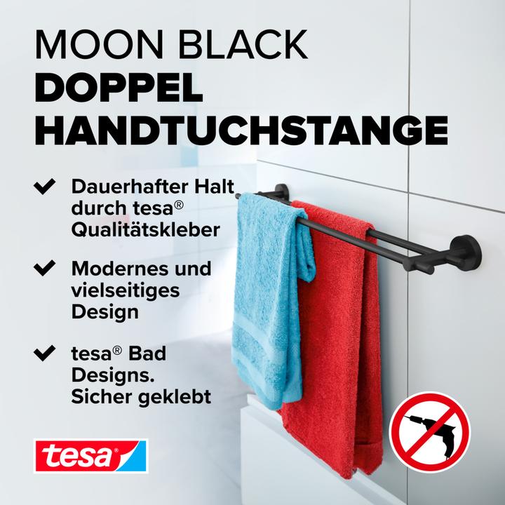 Produktbild tesa MOON BLACK Doppel-Handtuchstange inkl. Klebelösung ohne Bohren