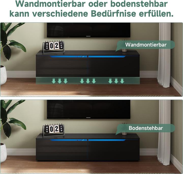 Image du produit SONNI Panneau TV noir extra-plat, brillant, avec éclairage LED (réglable en 12 couleurs), avec porte
