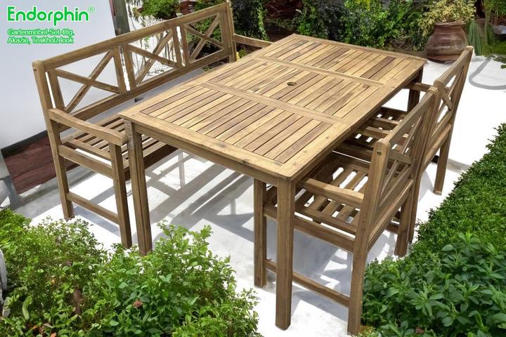 Produktbild Garten Sitzgarnitur aus Akazienholz massiv im Teakholz-Look 4tlg. (Tisch, Bank, 2 Stühle)