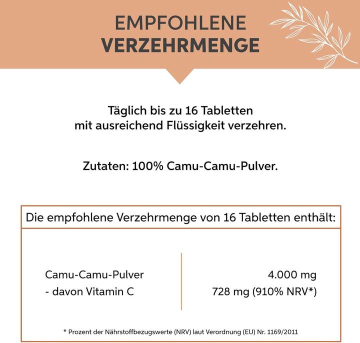 Nährwerte und Zutaten Eltabia Camu Camu Tabletten | 250mg Tabs natürliches Vitamin C in Rohkost-Qualität (400 Stück, Tabletten)