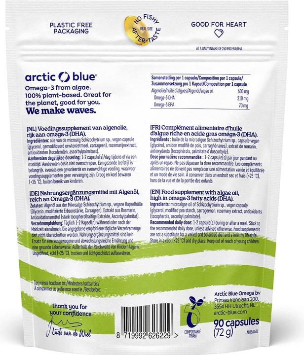 Valeurs nutritives et ingrédients Arctic Blue Capsules d'huile d'algues oméga 3 avec DHA & EPA (90 pièce(s), Capsules, 75 g)